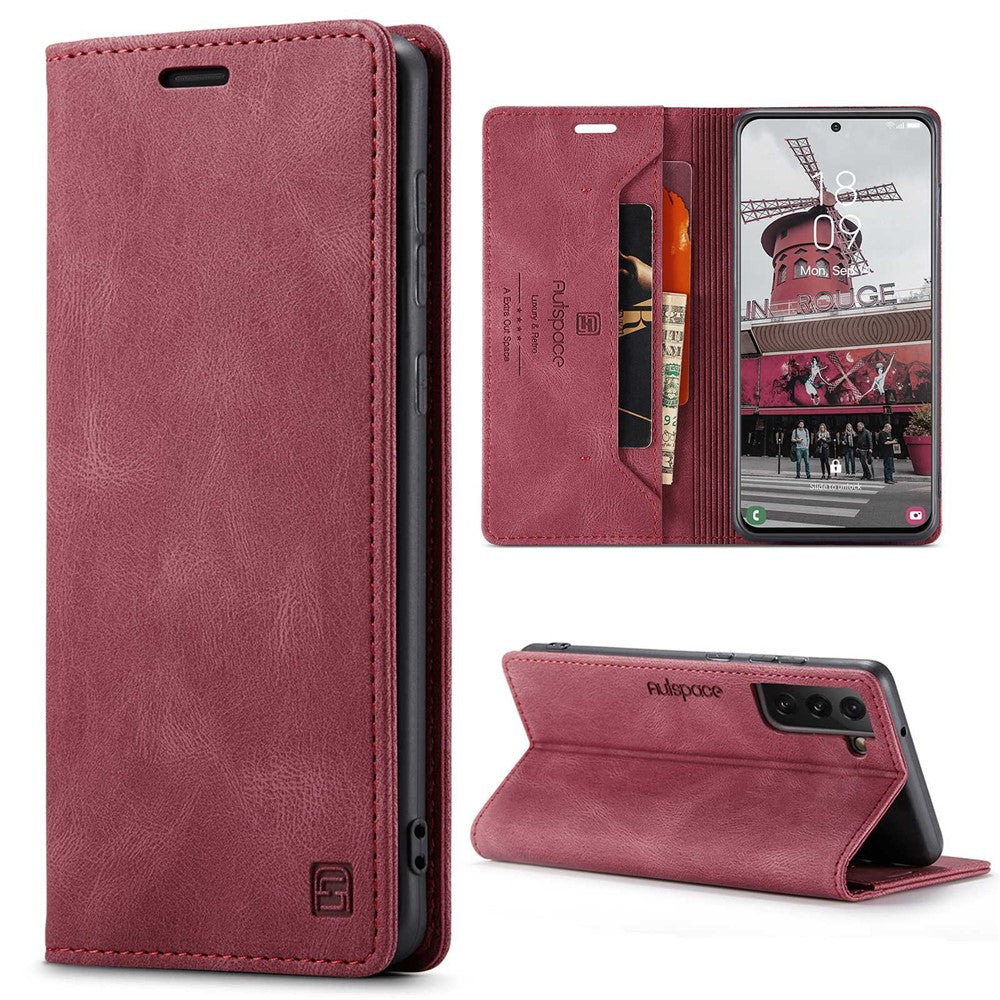 AUTSPACE A01-serien til Samsung Galaxy S21 FE 5G PU-lædercover RFID-blokerende pung-flip-ståcover