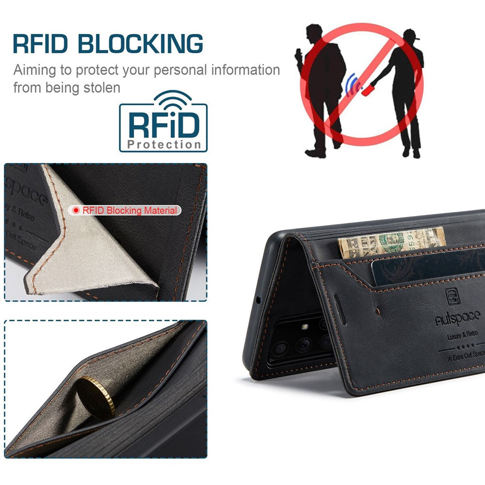 AUTSPACE A01-serien til Samsung Galaxy A51 4G SM-A515 PU-læderetui med RFID-blokering, pung og standfunktion