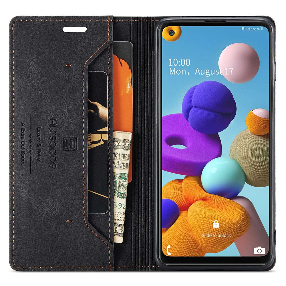 AUTSPACE A01-serien til Samsung Galaxy A21s PU-læderetui RFID-blokerende pung i vintage-stil med stativ og flipcover