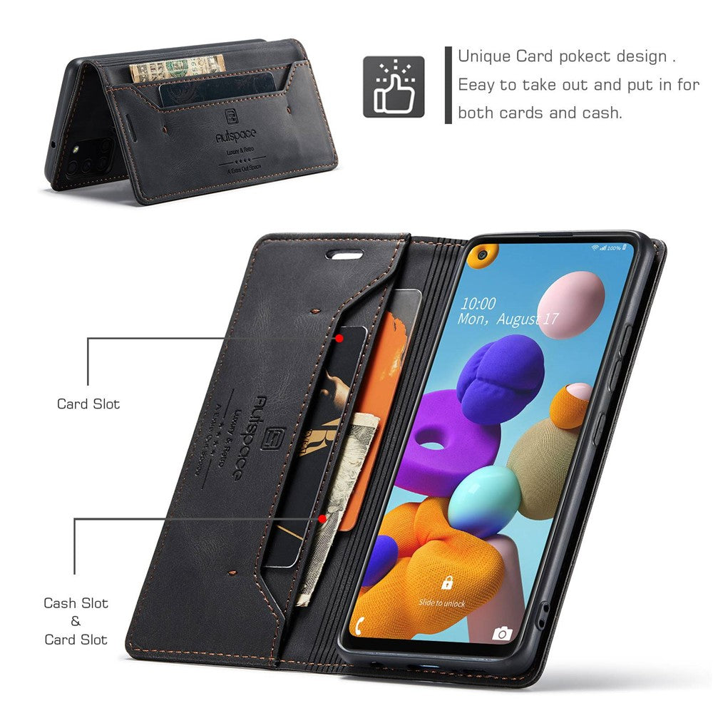 AUTSPACE A01-serien til Samsung Galaxy A21s PU-læderetui RFID-blokerende pung i vintage-stil med stativ og flipcover
