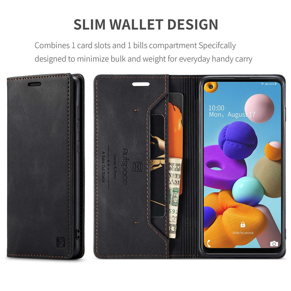 AUTSPACE A01-serien til Samsung Galaxy A21s PU-læderetui RFID-blokerende pung i vintage-stil med stativ og flipcover