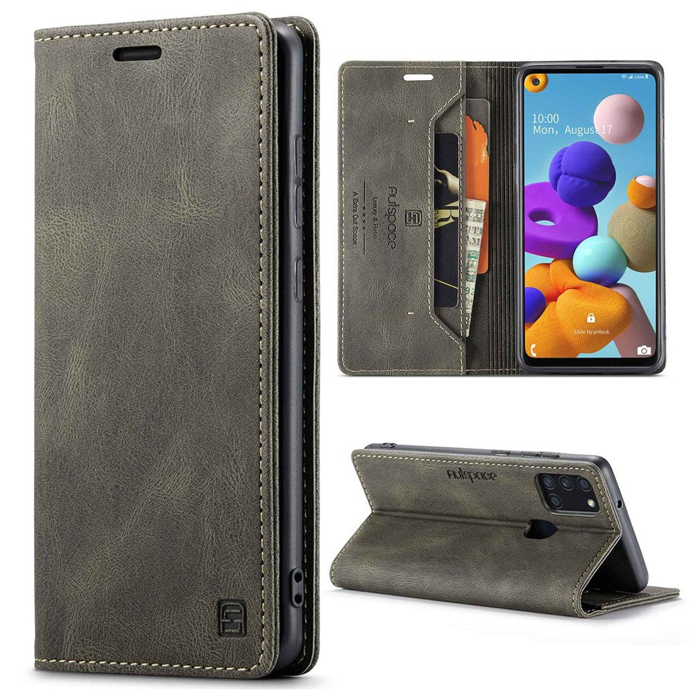 AUTSPACE A01-serien til Samsung Galaxy A21s PU-læderetui RFID-blokerende pung i vintage-stil med stativ og flipcover