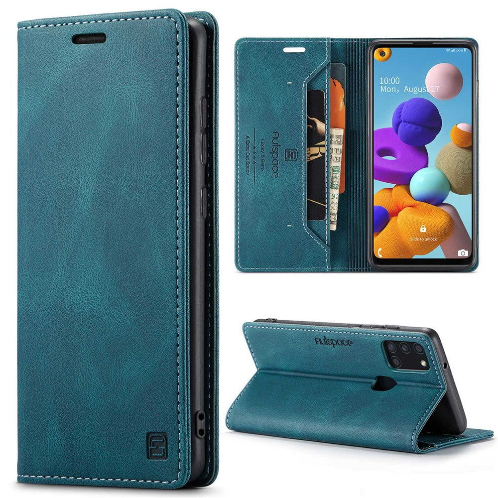 AUTSPACE A01-serien til Samsung Galaxy A21s PU-læderetui RFID-blokerende pung i vintage-stil med stativ og flipcover