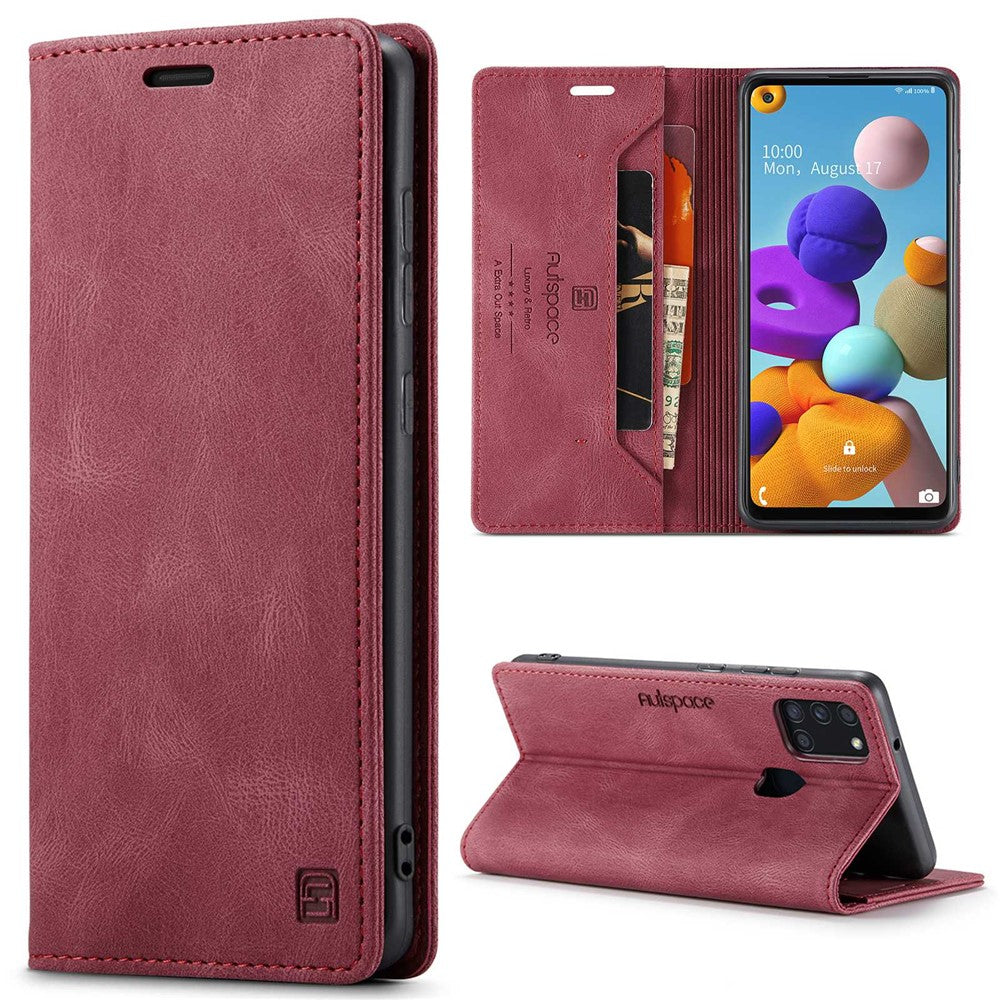 AUTSPACE A01-serien til Samsung Galaxy A21s PU-læderetui RFID-blokerende pung i vintage-stil med stativ og flipcover