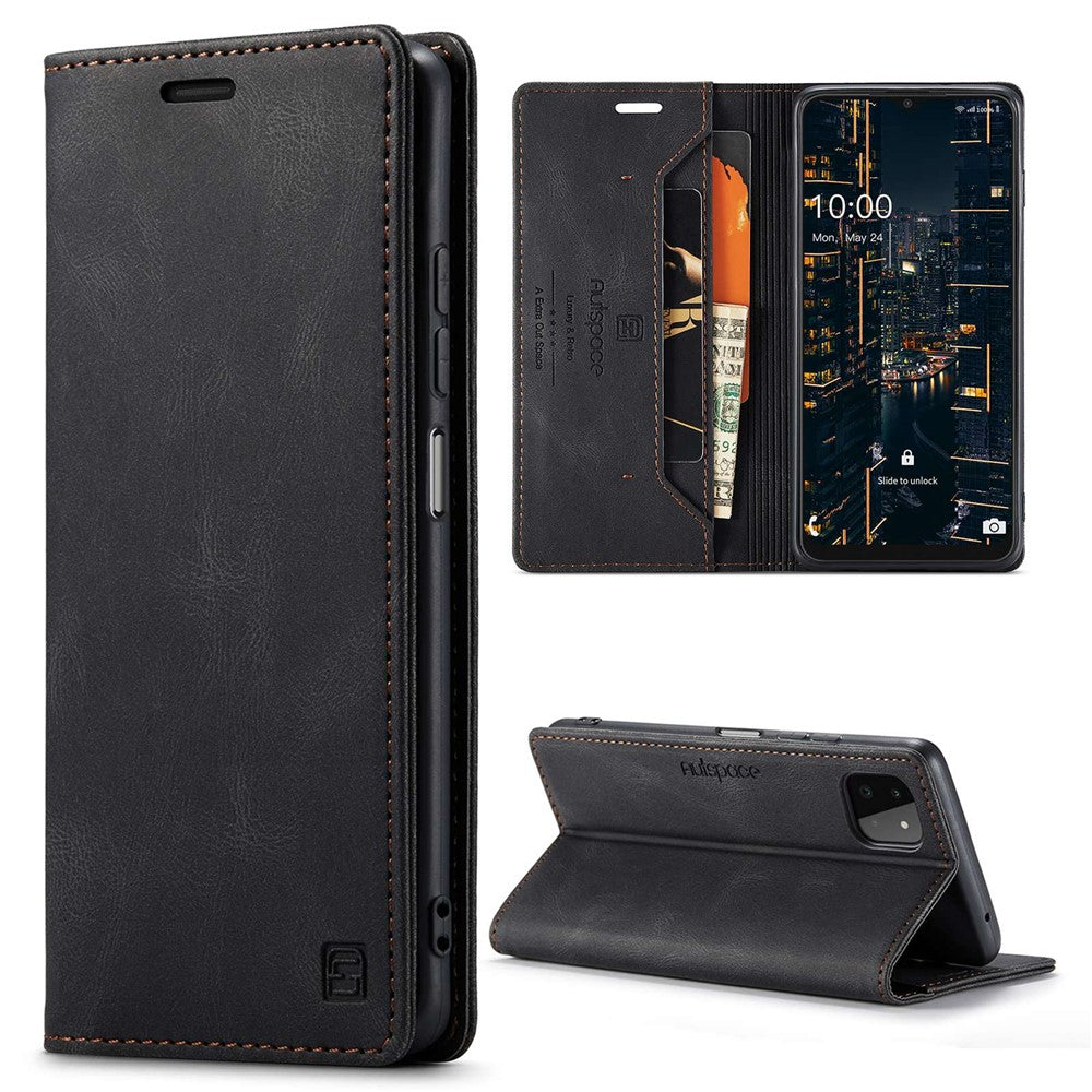 AUTSPACE A01 Series for Samsung Galaxy A22 5G (EU Version) PU Leather Protective Shell, Impact Resistant RFID Blocking Magnetic Closure Vintage Frosted Wallet Stand Flip Cover
