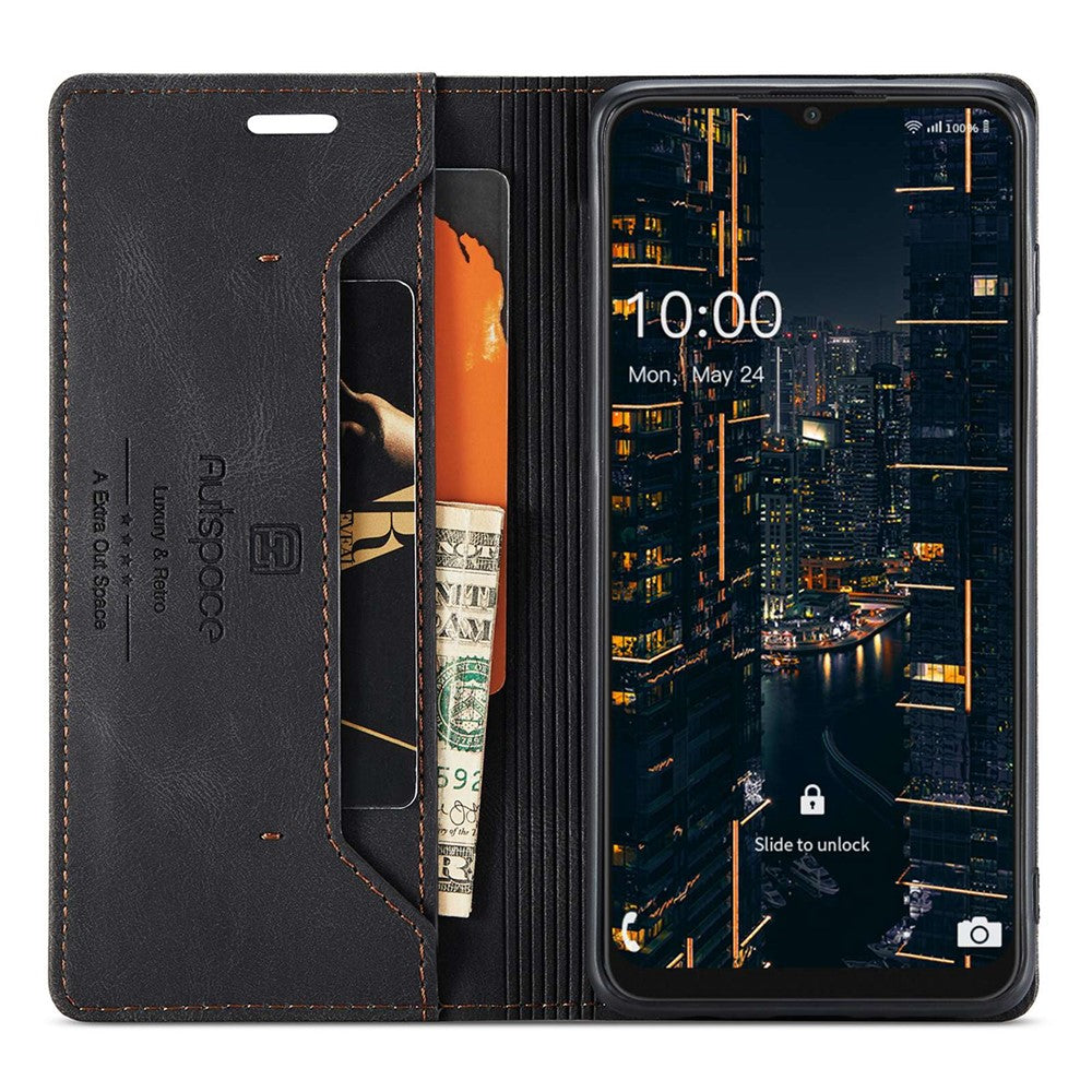 AUTSPACE A01 Series for Samsung Galaxy A22 5G (EU Version) PU Leather Protective Shell, Impact Resistant RFID Blocking Magnetic Closure Vintage Frosted Wallet Stand Flip Cover