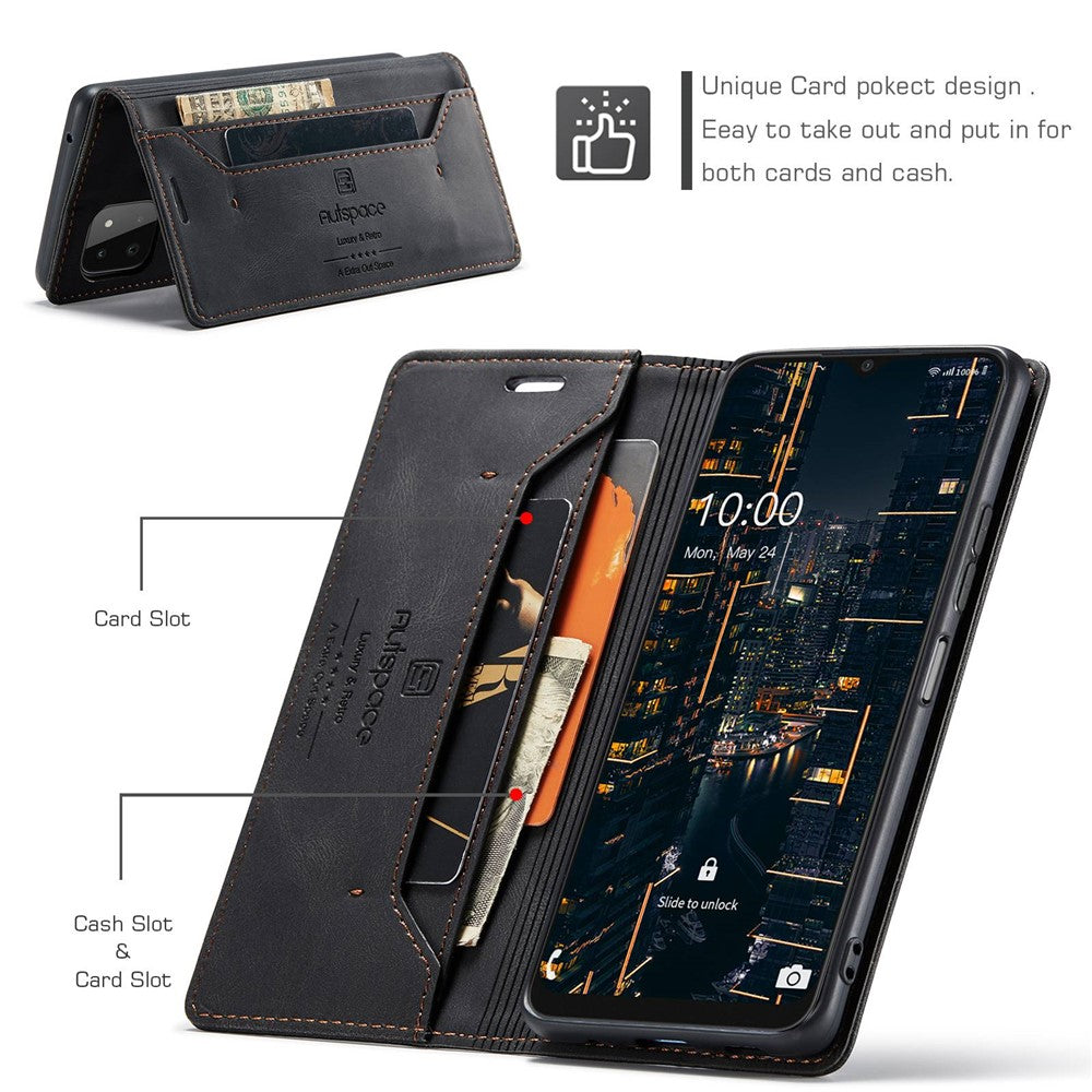 AUTSPACE A01 Series for Samsung Galaxy A22 5G (EU Version) PU Leather Protective Shell, Impact Resistant RFID Blocking Magnetic Closure Vintage Frosted Wallet Stand Flip Cover