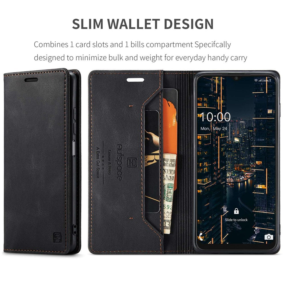 AUTSPACE A01 Series for Samsung Galaxy A22 5G (EU Version) PU Leather Protective Shell, Impact Resistant RFID Blocking Magnetic Closure Vintage Frosted Wallet Stand Flip Cover
