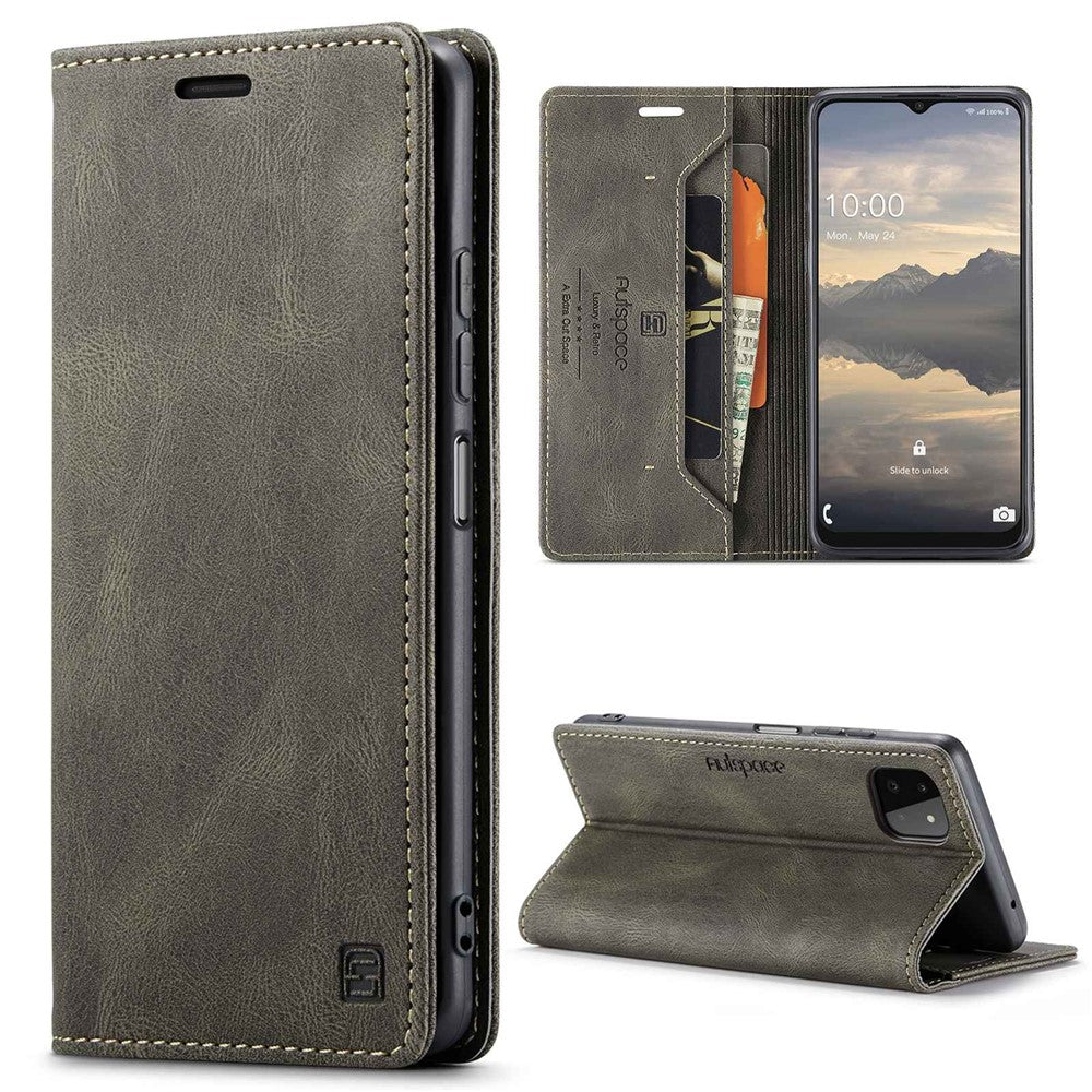 AUTSPACE A01 Series for Samsung Galaxy A22 5G (EU Version) PU Leather Protective Shell, Impact Resistant RFID Blocking Magnetic Closure Vintage Frosted Wallet Stand Flip Cover