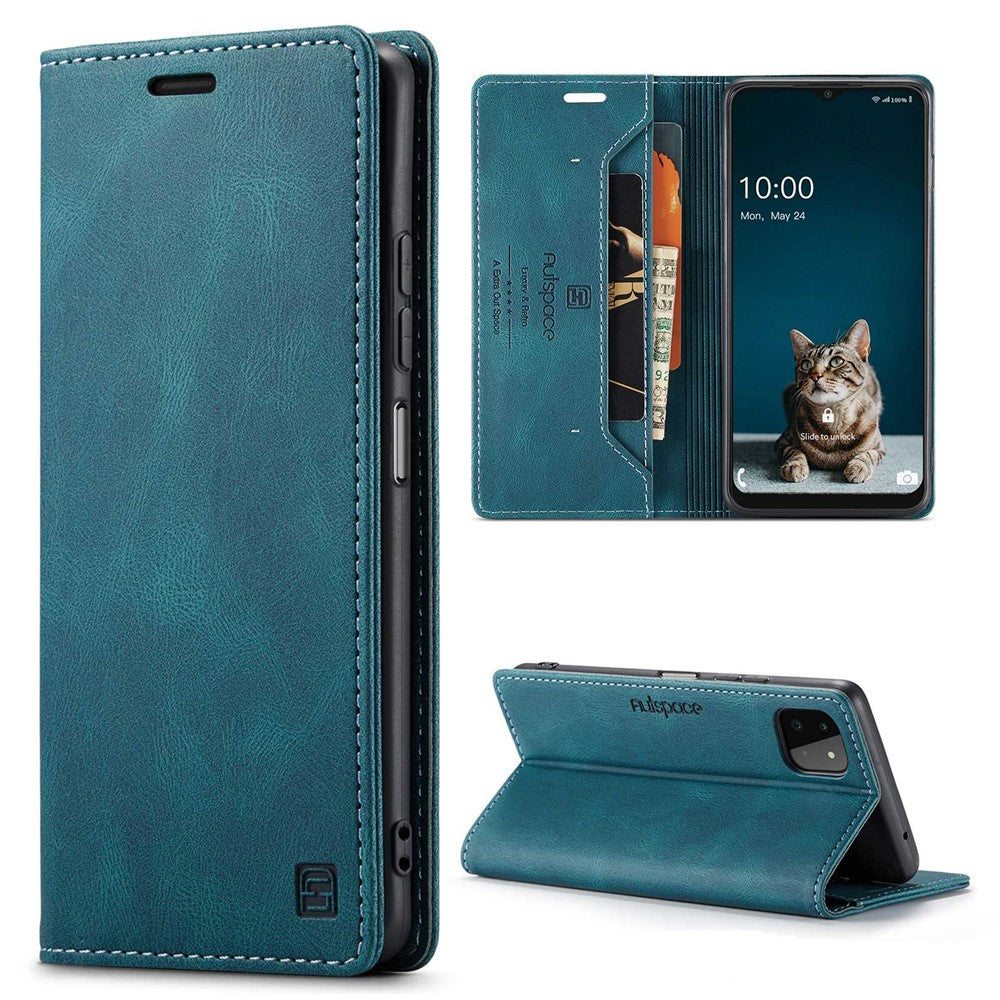 AUTSPACE A01 Series for Samsung Galaxy A22 5G (EU Version) PU Leather Protective Shell, Impact Resistant RFID Blocking Magnetic Closure Vintage Frosted Wallet Stand Flip Cover
