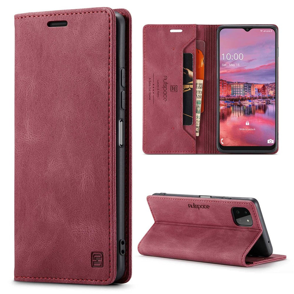 AUTSPACE A01 Series for Samsung Galaxy A22 5G (EU Version) PU Leather Protective Shell, Impact Resistant RFID Blocking Magnetic Closure Vintage Frosted Wallet Stand Flip Cover
