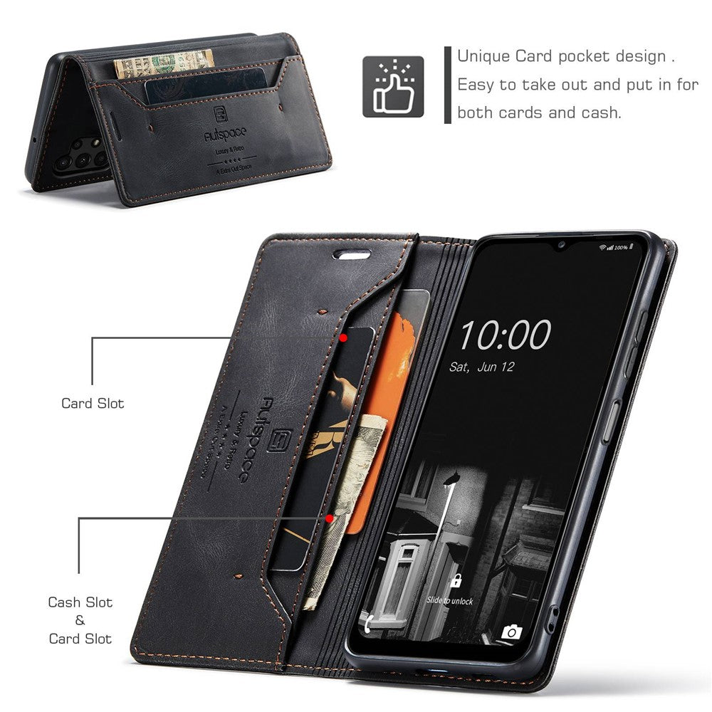 AUTSPACE A01-serien för Samsung Galaxy A13 4G PU-läderfodral RFID-blockerande Vintage-plånboksfodral med stativ och vikbart lock