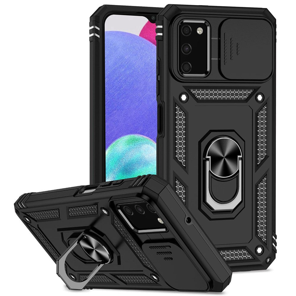 For Samsung Galaxy A03s (164.2mm) Ring Kickstand Phone Case Anti-fall Protection Hard PC + TPU Shell with Slide Camera Protection Cover