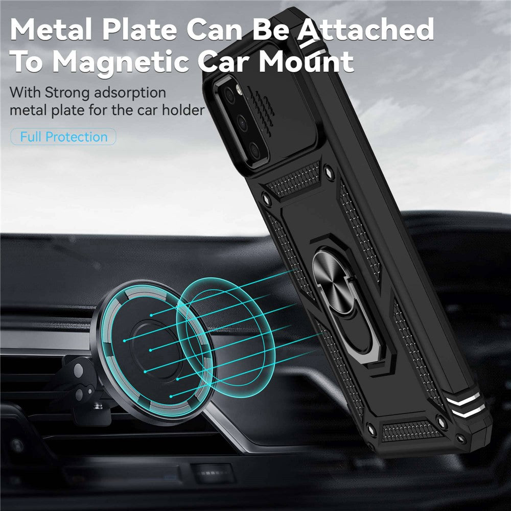 For Samsung Galaxy A03s (164.2mm) Ring Kickstand Phone Case Anti-fall Protection Hard PC + TPU Shell with Slide Camera Protection Cover