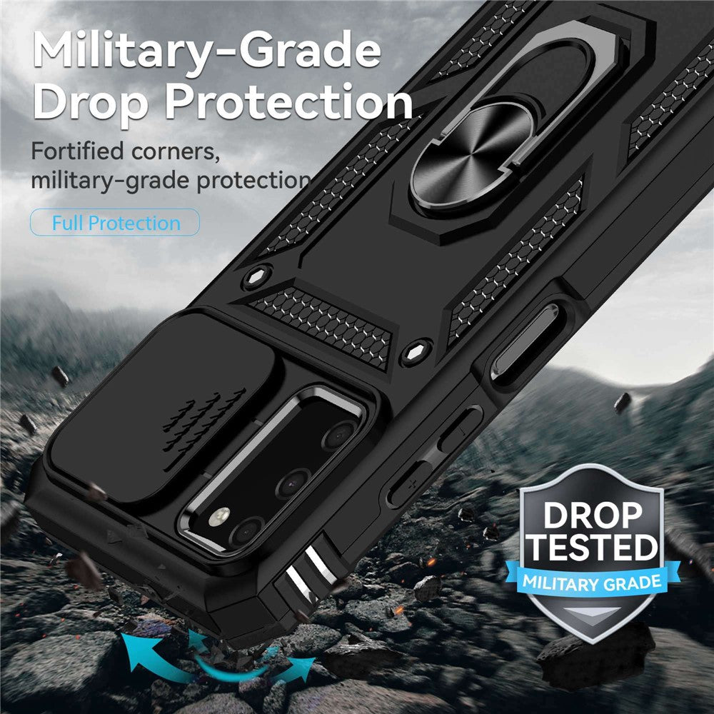 For Samsung Galaxy A03s (164.2mm) Ring Kickstand Phone Case Anti-fall Protection Hard PC + TPU Shell with Slide Camera Protection Cover