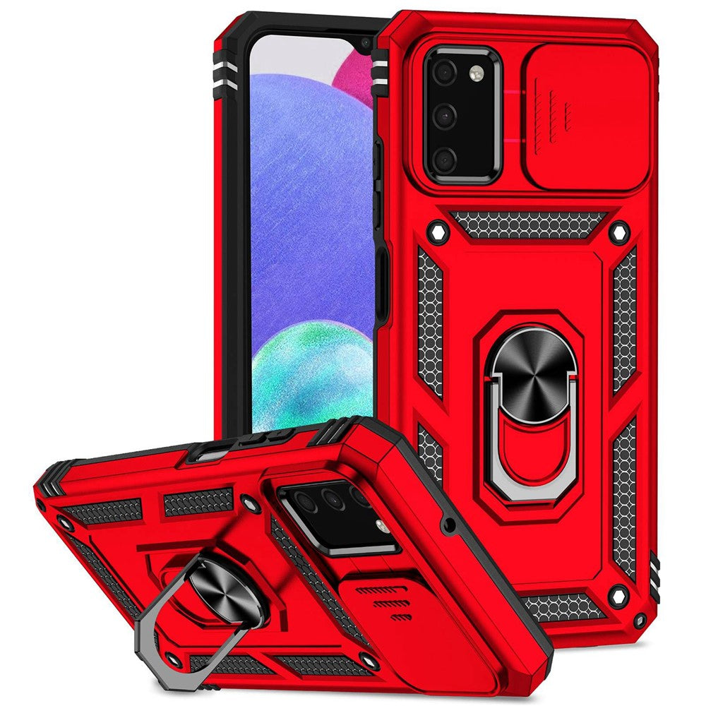 For Samsung Galaxy A03s (164.2mm) Ring Kickstand Phone Case Anti-fall Protection Hard PC + TPU Shell with Slide Camera Protection Cover