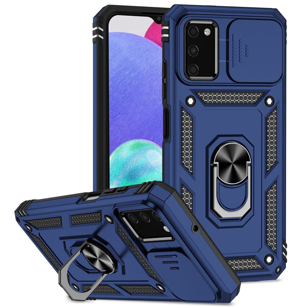 For Samsung Galaxy A03s (164.2mm) Ring Kickstand Phone Case Anti-fall Protection Hard PC + TPU Shell with Slide Camera Protection Cover
