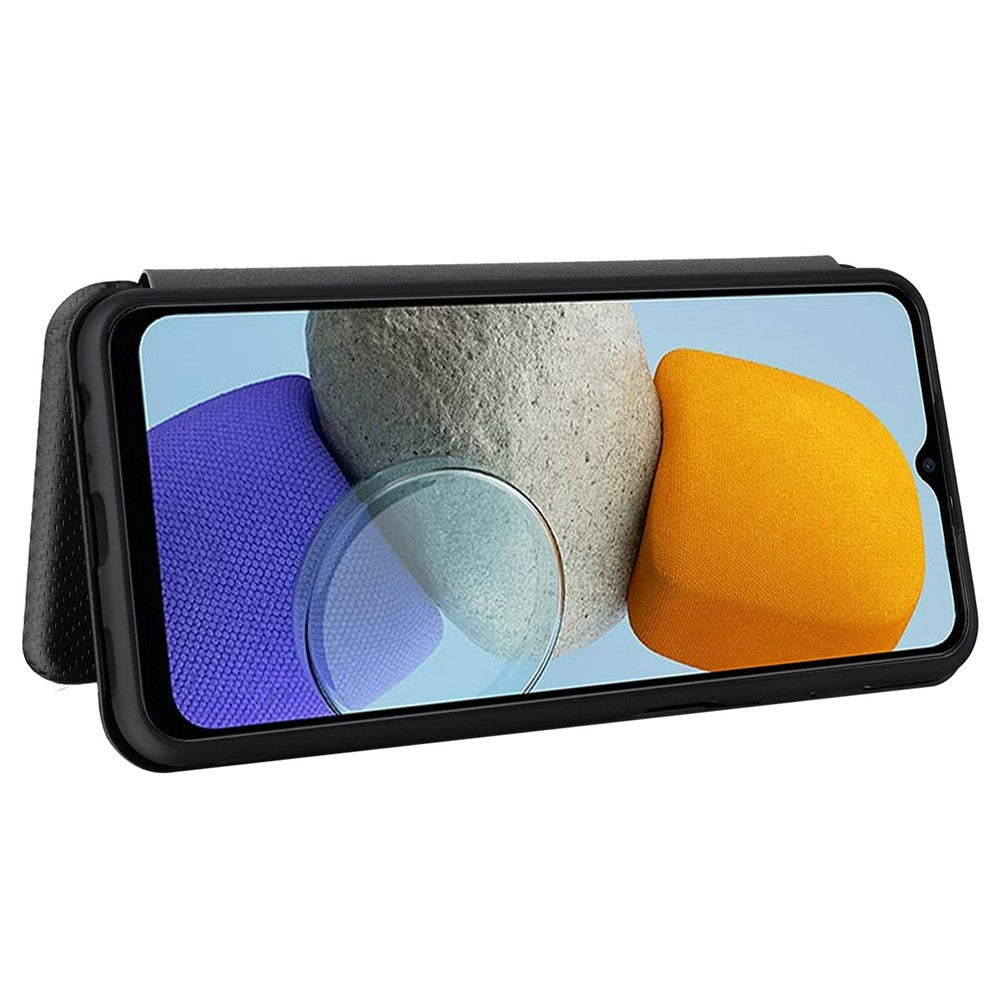 Samsung Galaxy M23 5G/F23 5G Kolfibertextur mobilskal PU-läder Korthållare Stativ Magnetstängning Skydd