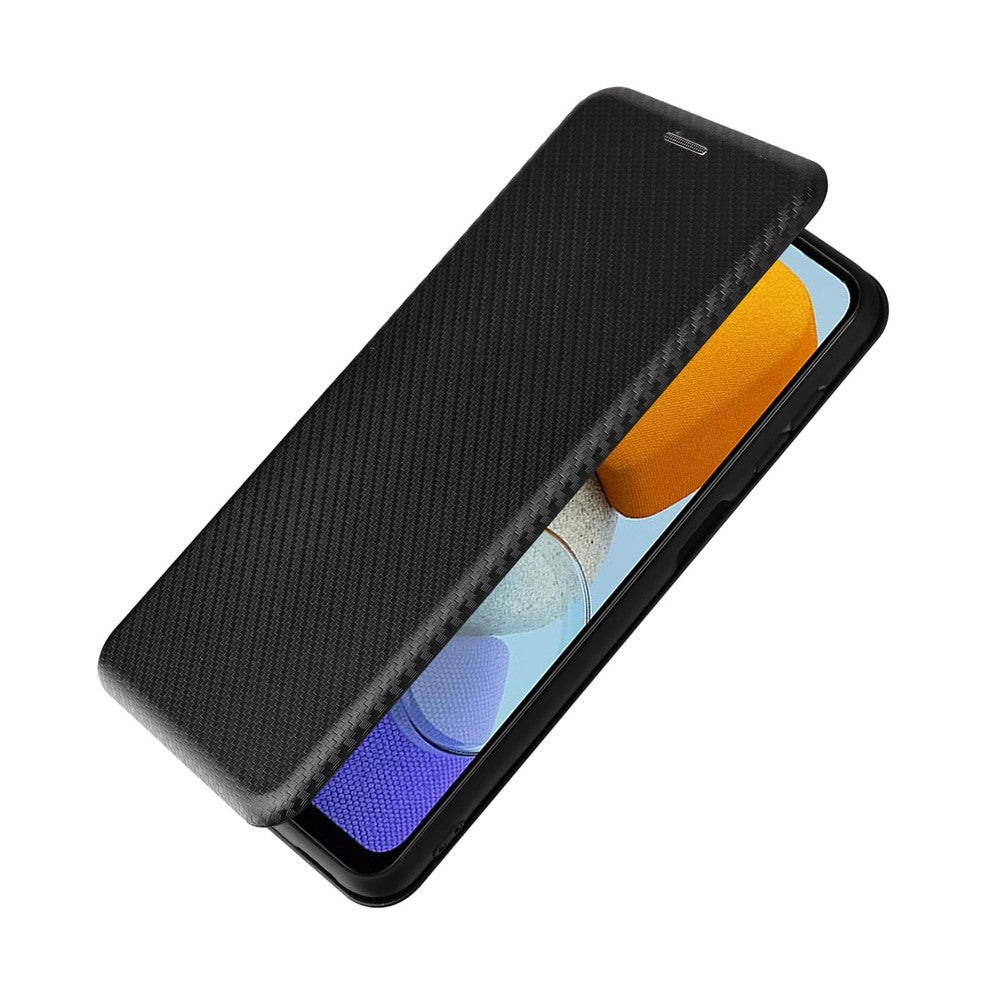 Samsung Galaxy M23 5G/F23 5G Kolfibertextur mobilskal PU-läder Korthållare Stativ Magnetstängning Skydd