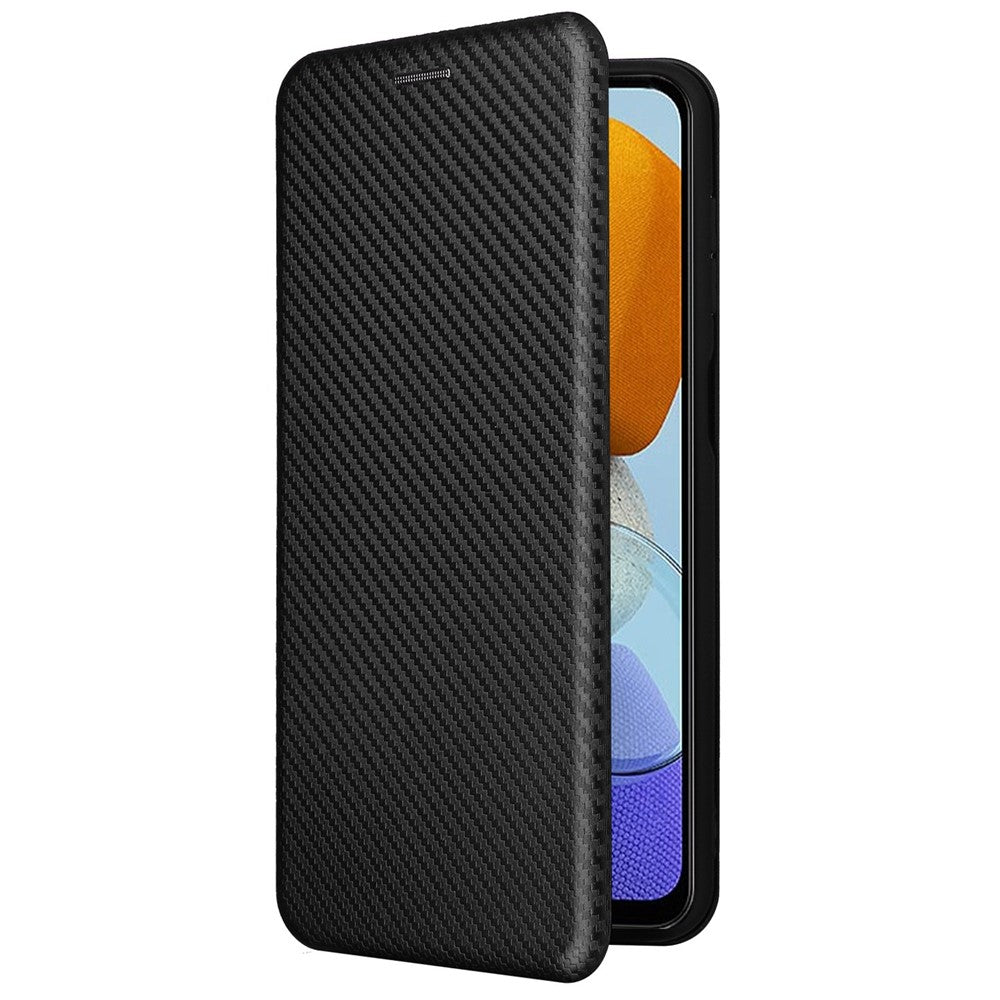Samsung Galaxy M23 5G/F23 5G Kolfibertextur mobilskal PU-läder Korthållare Stativ Magnetstängning Skydd