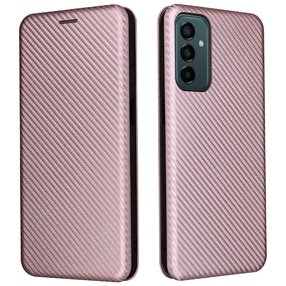Samsung Galaxy M23 5G/F23 5G Kolfibertextur mobilskal PU-läder Korthållare Stativ Magnetstängning Skydd
