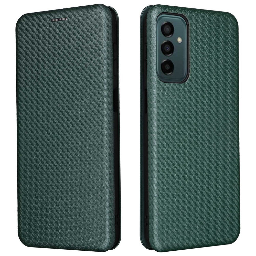 Samsung Galaxy M23 5G/F23 5G Kolfibertextur mobilskal PU-läder Korthållare Stativ Magnetstängning Skydd