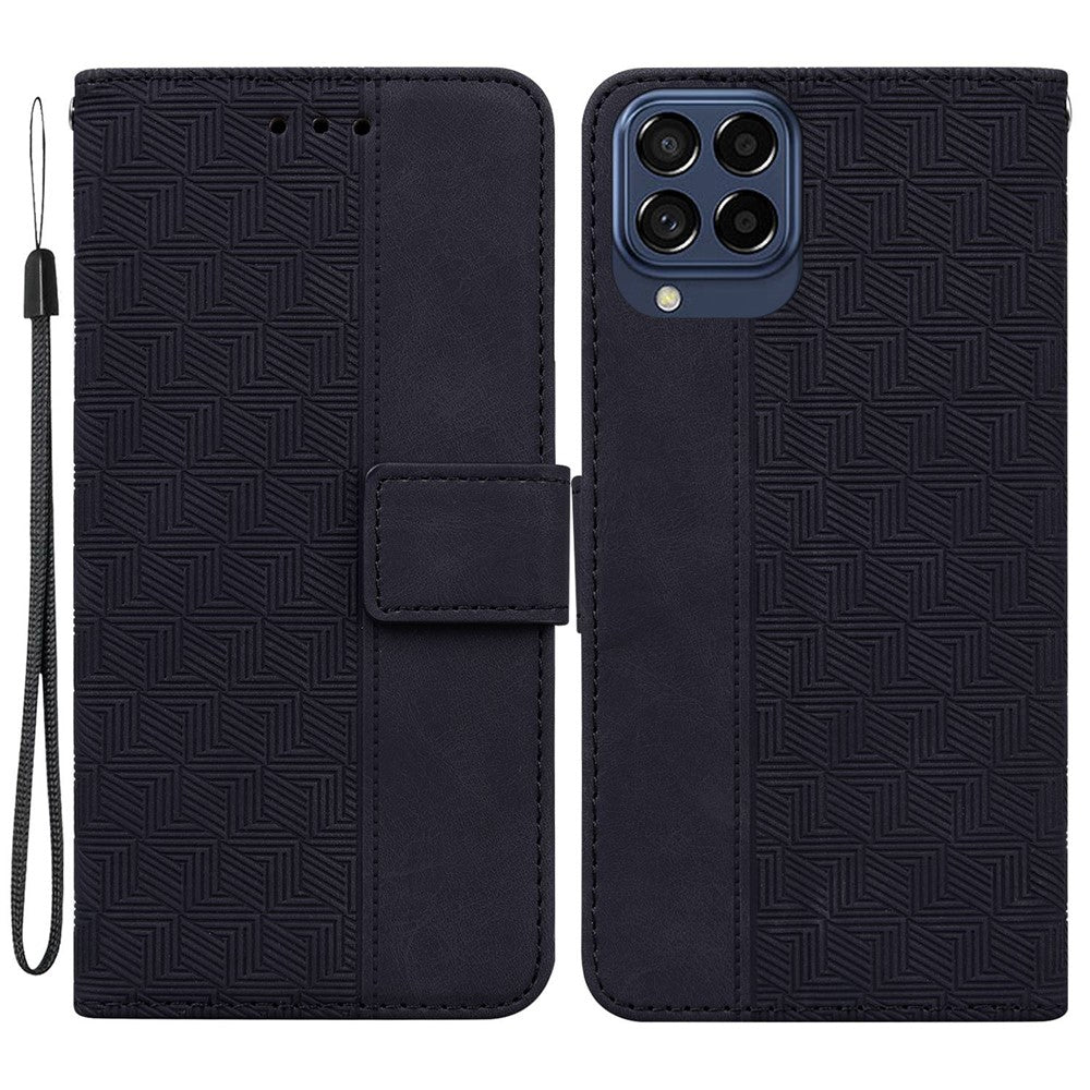 Til Samsung Galaxy M53 5G Stødsikker telefoncover med geometrisk mønster, præget PU-læder, tegnebogsstativ og flipover med håndrem