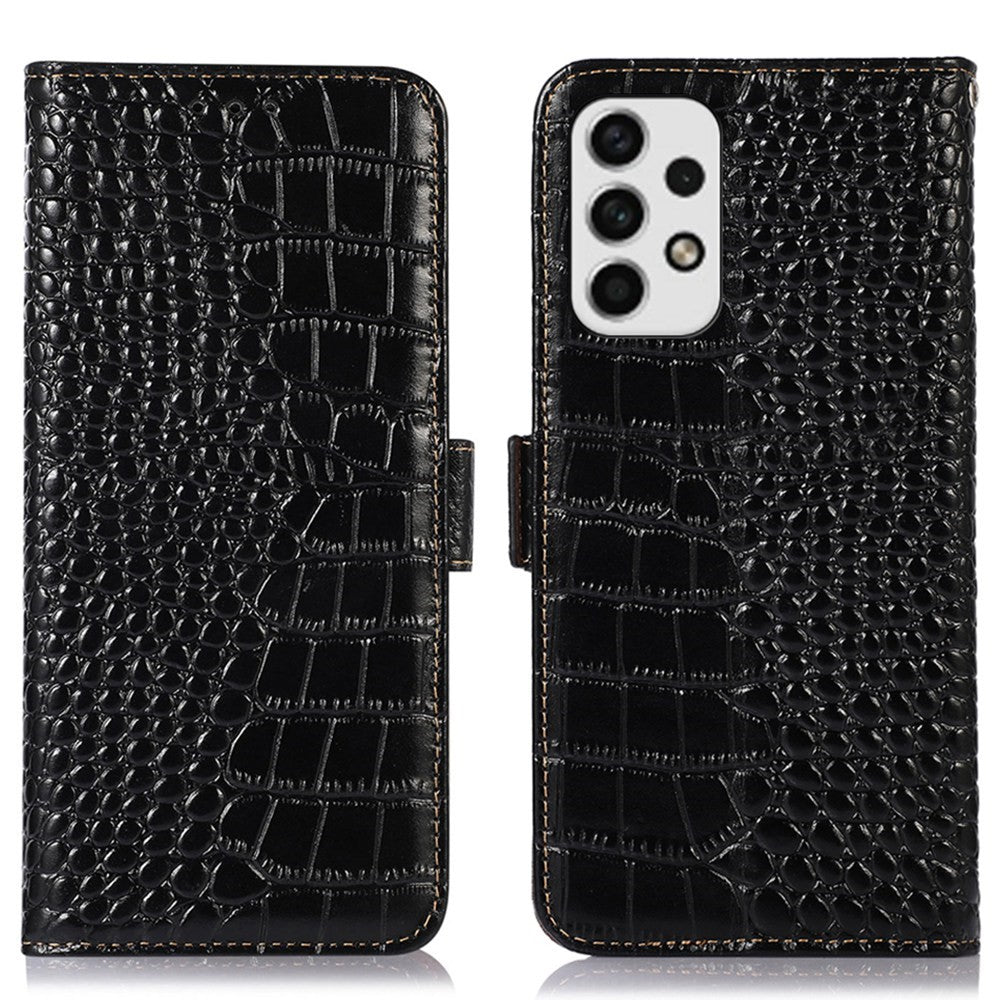 For Samsung Galaxy A53 5G Crocodile Texture RFID Blocking Genuine Cowhide Leather Wallet Phone Cover, Stand Magnetic Flip Folio Case