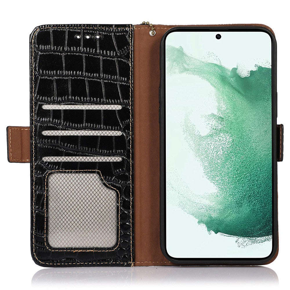 For Samsung Galaxy A53 5G Crocodile Texture RFID Blocking Genuine Cowhide Leather Wallet Phone Cover, Stand Magnetic Flip Folio Case