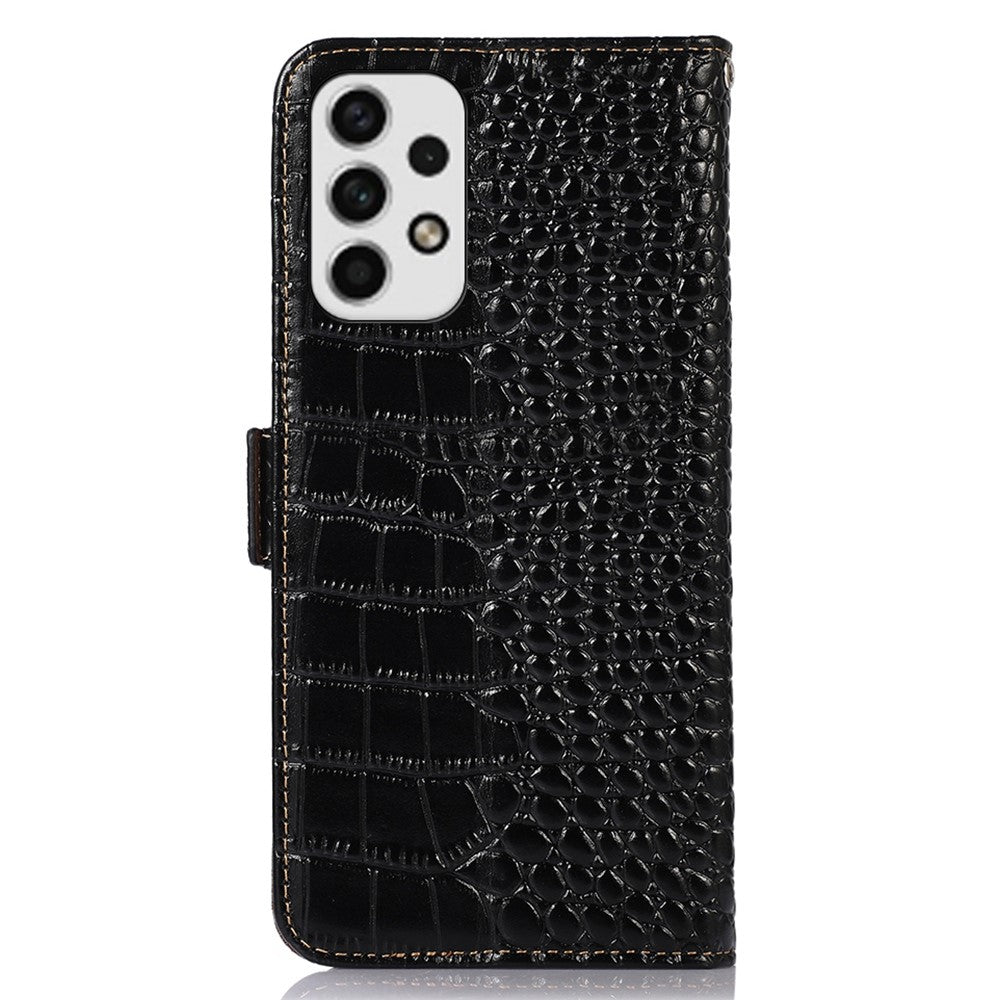 For Samsung Galaxy A53 5G Crocodile Texture RFID Blocking Genuine Cowhide Leather Wallet Phone Cover, Stand Magnetic Flip Folio Case