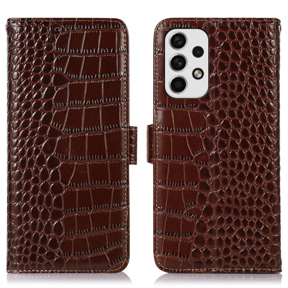 For Samsung Galaxy A53 5G Crocodile Texture RFID Blocking Genuine Cowhide Leather Wallet Phone Cover, Stand Magnetic Flip Folio Case