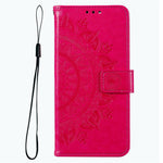 For Samsung Galaxy M33 5G (Global Version) Mandala Flower Pattern Imprinted PU Leather Magnetic Flip Cover Wrist Strap Wallet Stand Feature Shockproof Protective Case