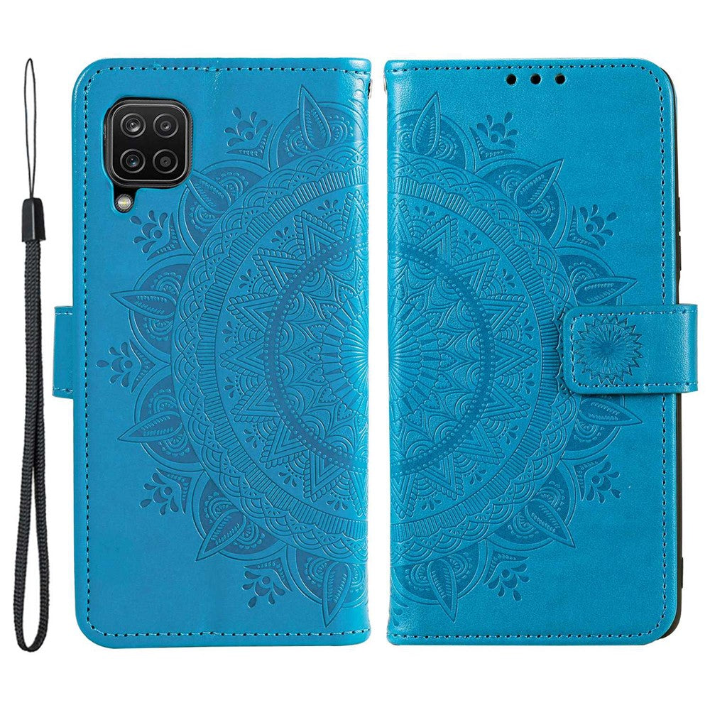 For Samsung Galaxy M33 5G (Global Version) Mandala Flower Pattern Imprinted PU Leather Magnetic Flip Cover Wrist Strap Wallet Stand Feature Shockproof Protective Case