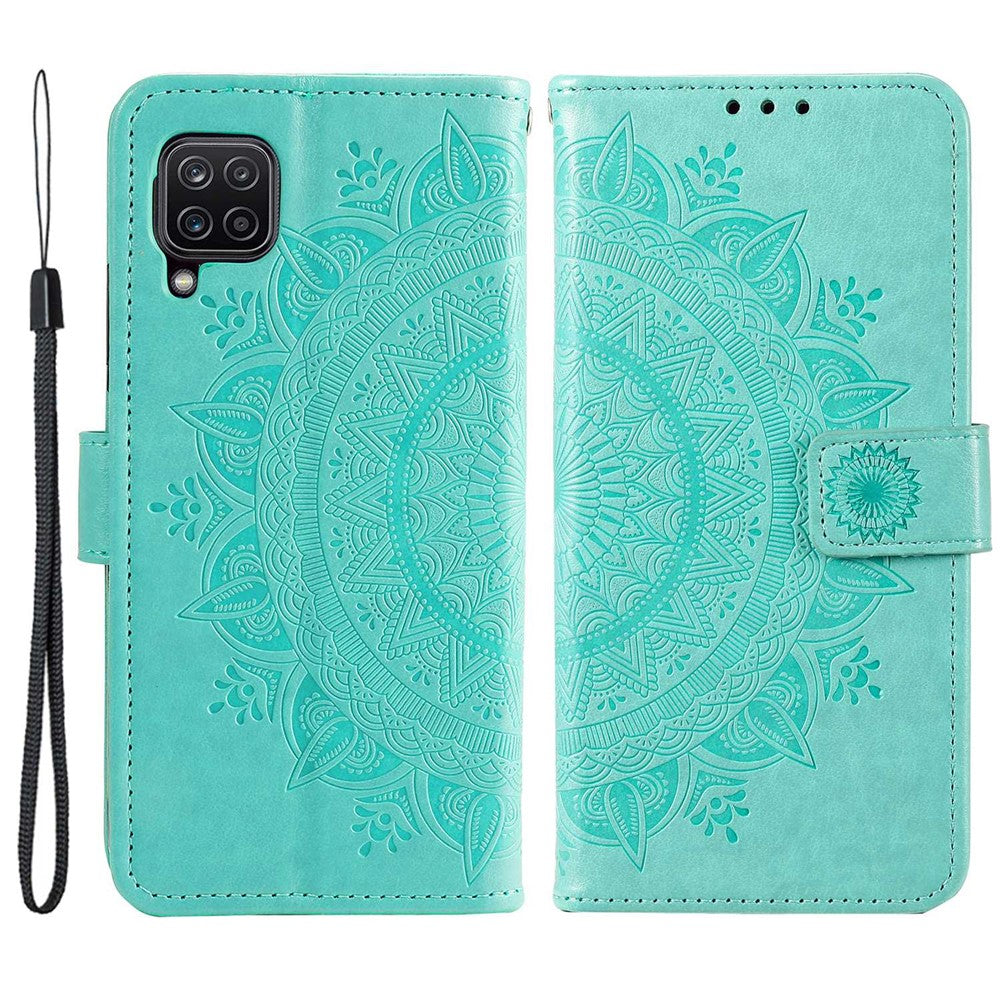 For Samsung Galaxy M33 5G (Global Version) Mandala Flower Pattern Imprinted PU Leather Magnetic Flip Cover Wrist Strap Wallet Stand Feature Shockproof Protective Case