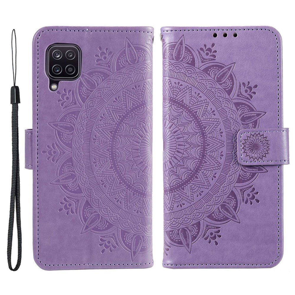 For Samsung Galaxy M33 5G (Global Version) Mandala Flower Pattern Imprinted PU Leather Magnetic Flip Cover Wrist Strap Wallet Stand Feature Shockproof Protective Case