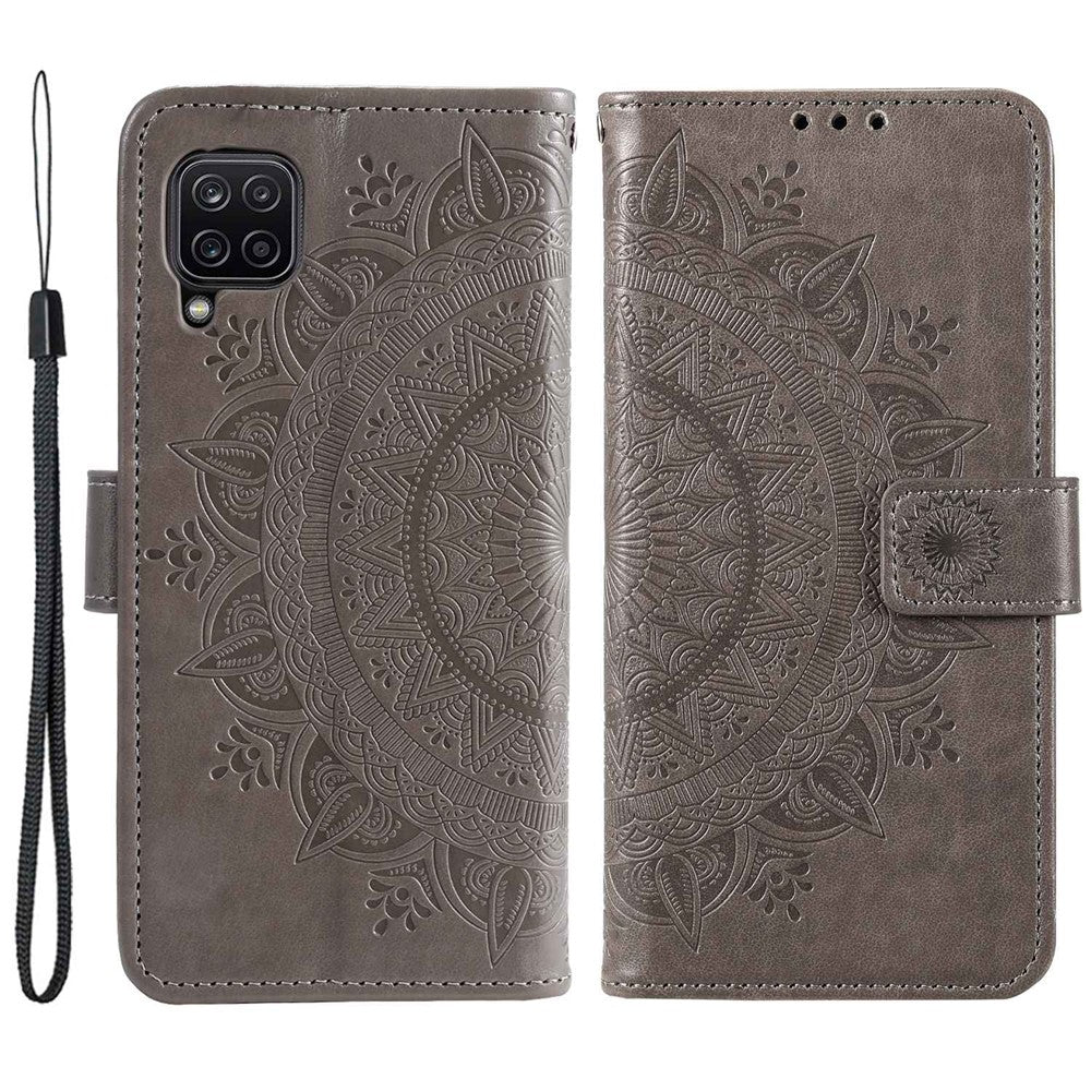 For Samsung Galaxy M33 5G (Global Version) Mandala Flower Pattern Imprinted PU Leather Magnetic Flip Cover Wrist Strap Wallet Stand Feature Shockproof Protective Case