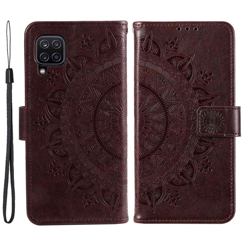For Samsung Galaxy M33 5G (Global Version) Mandala Flower Pattern Imprinted PU Leather Magnetic Flip Cover Wrist Strap Wallet Stand Feature Shockproof Protective Case