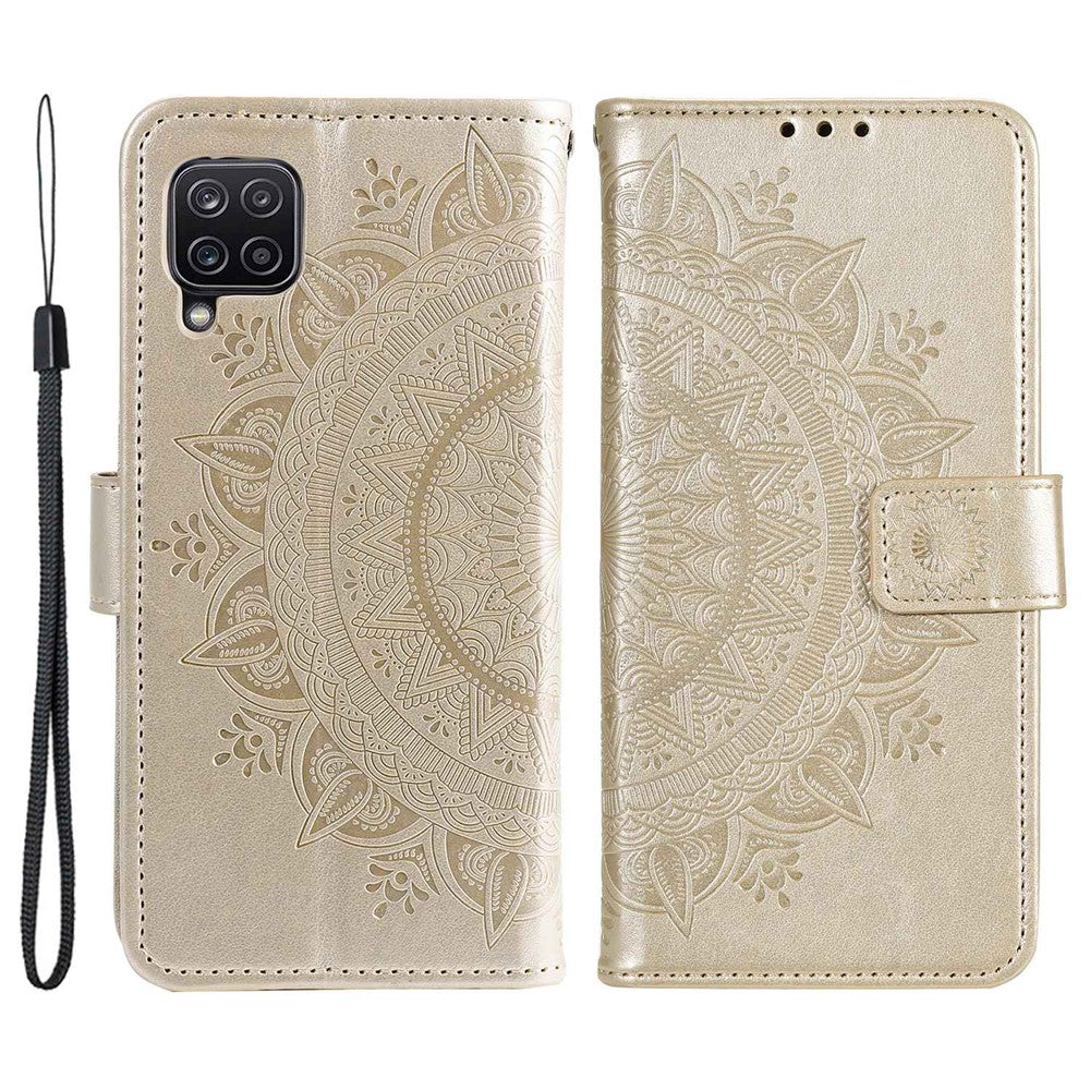 For Samsung Galaxy M33 5G (Global Version) Mandala Flower Pattern Imprinted PU Leather Magnetic Flip Cover Wrist Strap Wallet Stand Feature Shockproof Protective Case