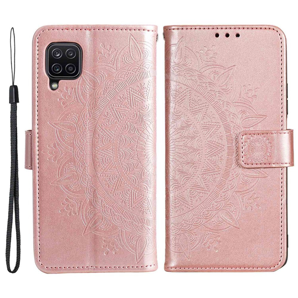 For Samsung Galaxy M33 5G (Global Version) Mandala Flower Pattern Imprinted PU Leather Magnetic Flip Cover Wrist Strap Wallet Stand Feature Shockproof Protective Case