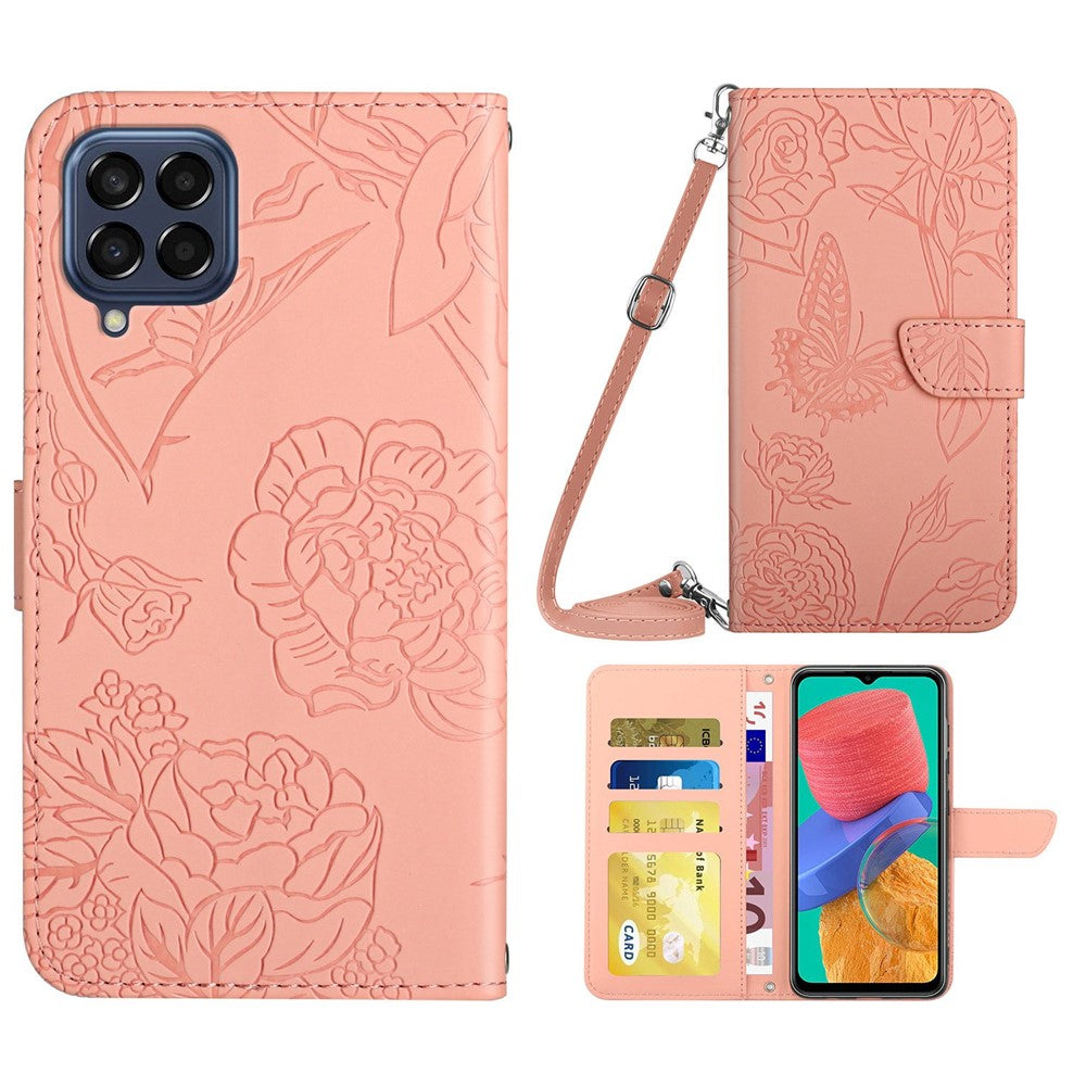 Til Samsung Galaxy M33 5G (global version) Imprinting Butterfly Flowers Cover i PU-læder med kortholder, stativ og skulderrem