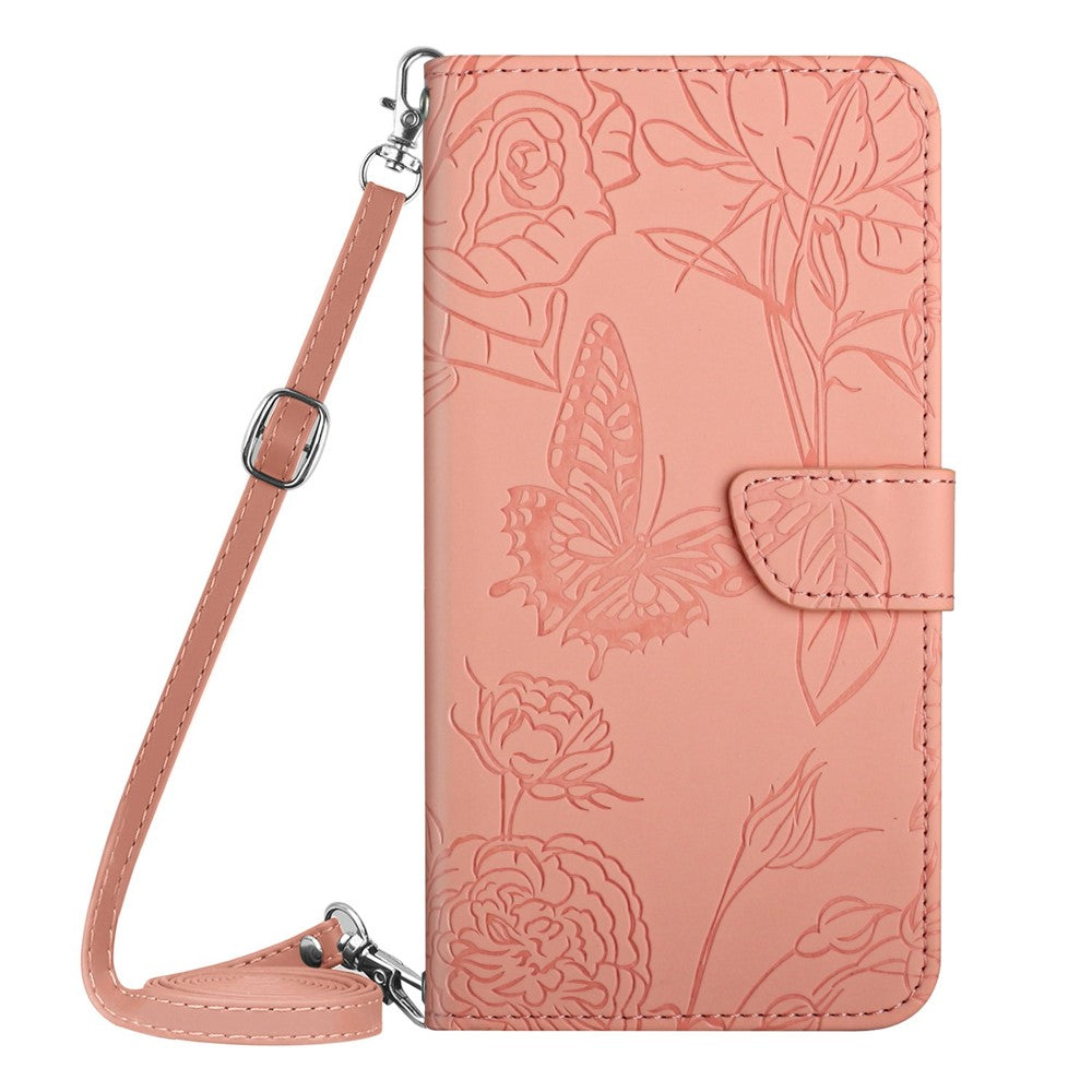 Til Samsung Galaxy M33 5G (global version) Imprinting Butterfly Flowers Cover i PU-læder med kortholder, stativ og skulderrem