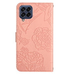 Til Samsung Galaxy M33 5G (global version) Imprinting Butterfly Flowers Cover i PU-læder med kortholder, stativ og skulderrem