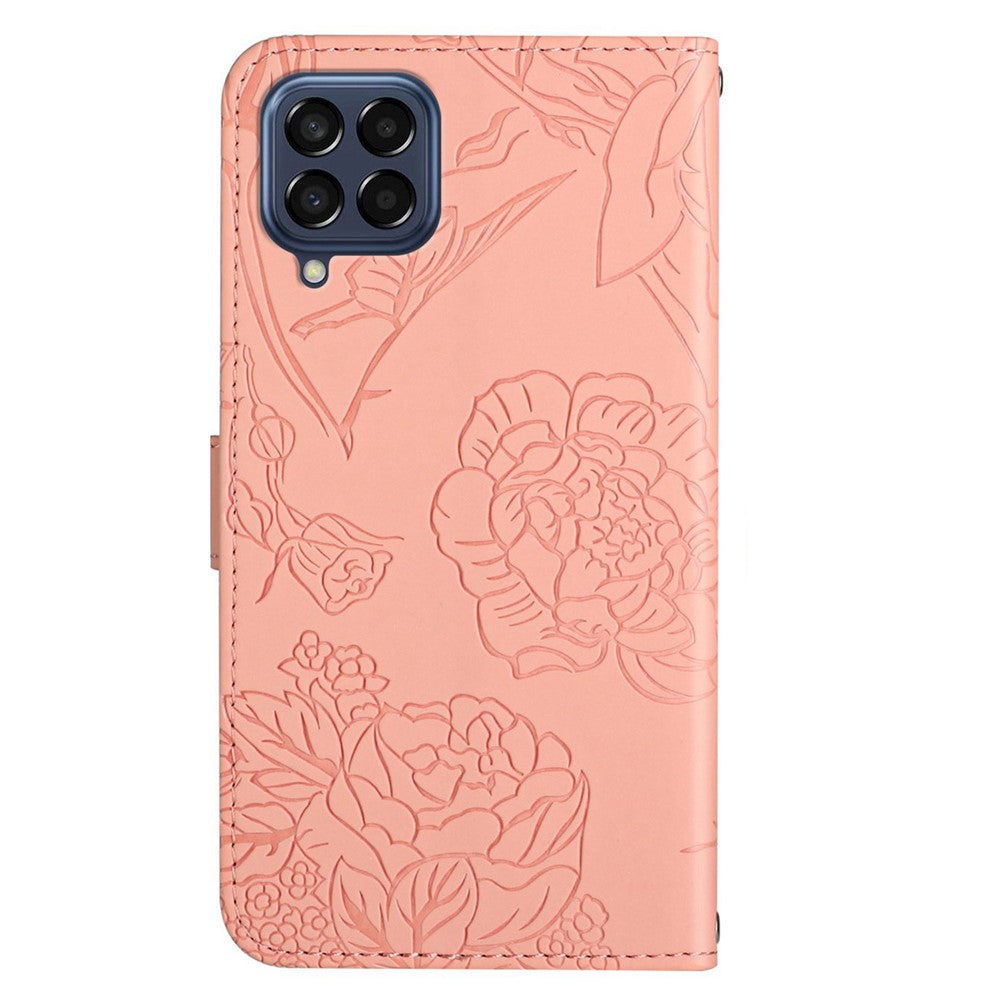 Til Samsung Galaxy M33 5G (global version) Imprinting Butterfly Flowers Cover i PU-læder med kortholder, stativ og skulderrem