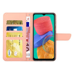Til Samsung Galaxy M33 5G (global version) Imprinting Butterfly Flowers Cover i PU-læder med kortholder, stativ og skulderrem