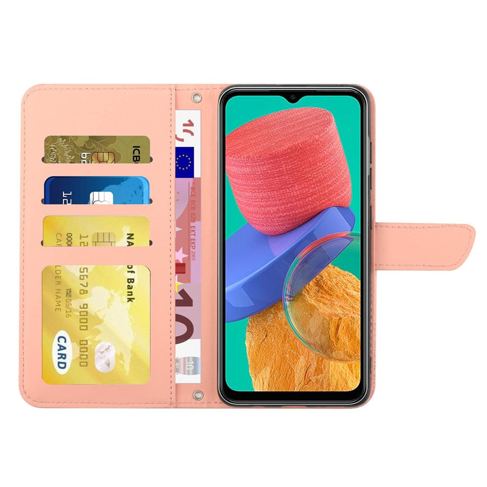Til Samsung Galaxy M33 5G (global version) Imprinting Butterfly Flowers Cover i PU-læder med kortholder, stativ og skulderrem