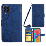 Til Samsung Galaxy M33 5G (global version) Imprinting Butterfly Flowers Cover i PU-læder med kortholder, stativ og skulderrem