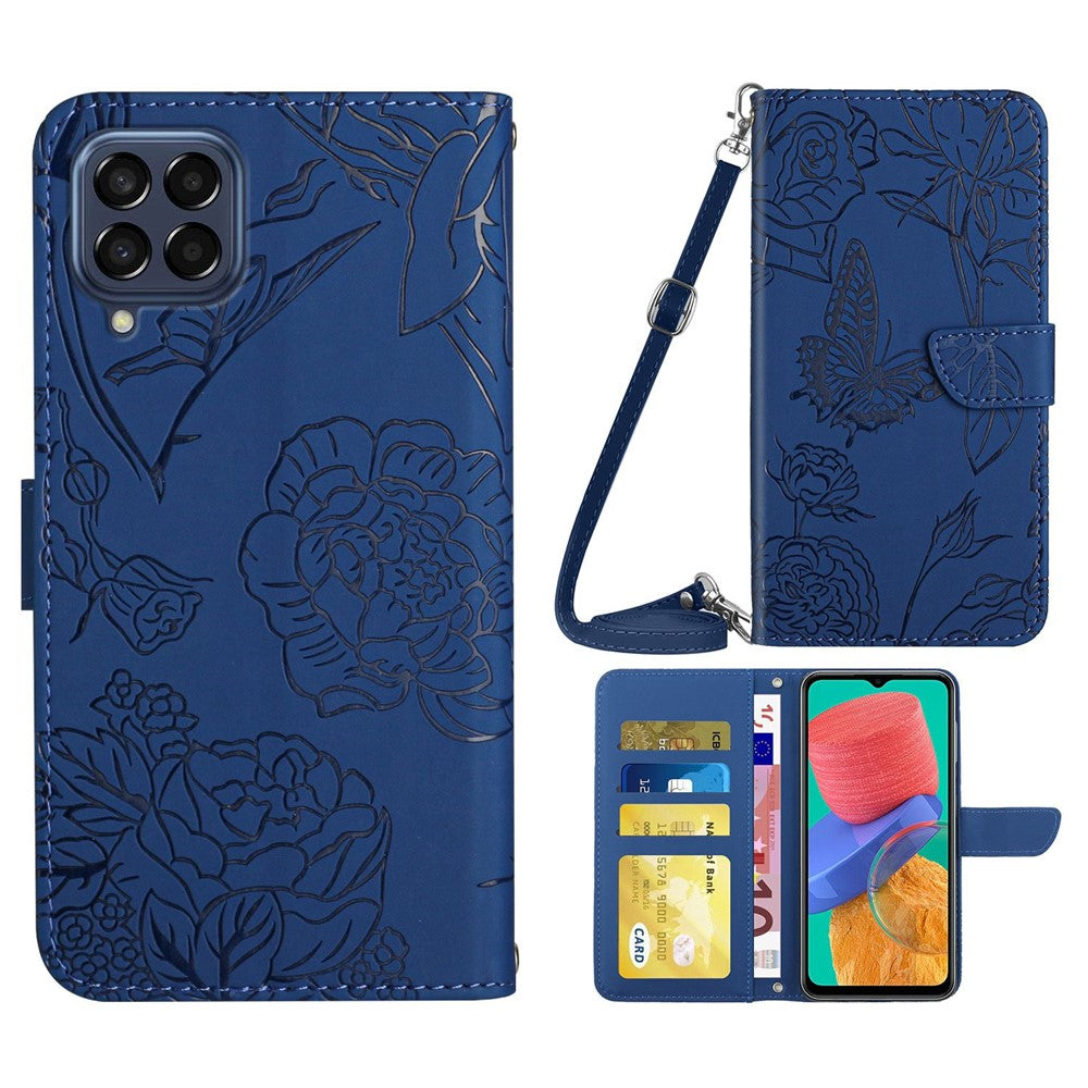 Til Samsung Galaxy M33 5G (global version) Imprinting Butterfly Flowers Cover i PU-læder med kortholder, stativ og skulderrem