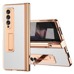 For Samsung Galaxy Z Fold3 5G Hinge Protection PU Leather + Hard PC Shell Full-Body Electroplating Kickstand Cover with Bulit-in Tempered Glass Screen Protector and S Pen