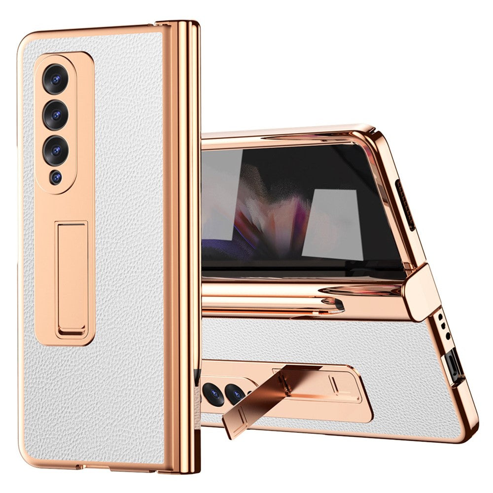 For Samsung Galaxy Z Fold3 5G Hinge Protection PU Leather + Hard PC Shell Full-Body Electroplating Kickstand Cover with Bulit-in Tempered Glass Screen Protector and S Pen