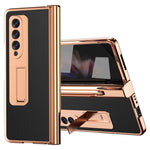 For Samsung Galaxy Z Fold3 5G Hinge Protection PU Leather + Hard PC Shell Full-Body Electroplating Kickstand Cover with Bulit-in Tempered Glass Screen Protector and S Pen